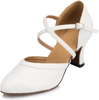 Minitoo Women Dance Shoes Closed Toe Party Evening Wedding Pumps with Ankle Strap HW044 White UK 5.5