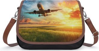 Generic Airplane Taking Off From The Airport Crossbody Bag Womens Handbag PU Message Bags Shoulder Purse with Adjustable Strap