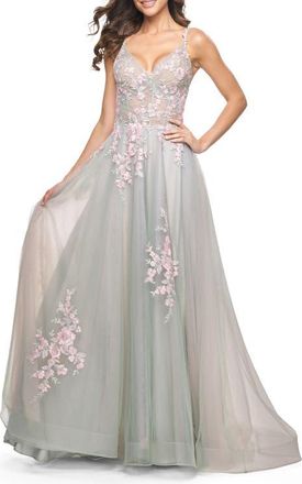 La Femme A-Line Tulle Prom Dress with Scattered Lace Applique in Sage at Nordstrom, Size 6