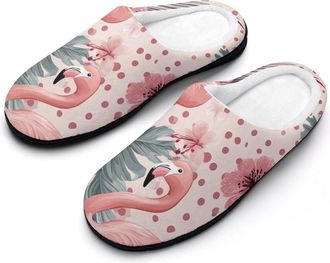 Generic Flamingos Tropical Flowers Polka Dots Mens Slippers Slip On Comfortable Fleece Cotton House Shoes Winter