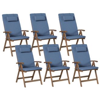 Beliani Conjunto De 6 Sillas De Jard&iacute;n R&uacute;sticas De Madera De Acacia Natural Ajustables Plegables Con Reposabrazos Marr&oacute;n Oscuro Con Cojines Azules Amantea Pre