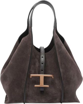 Tod's Tassen, Dames, Bruin, ONE Size, Leer, T Timeless Medium Suede Schoudertas