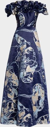 Teri Jon Off-Shoulder Metallic Organza Jacquard Gown