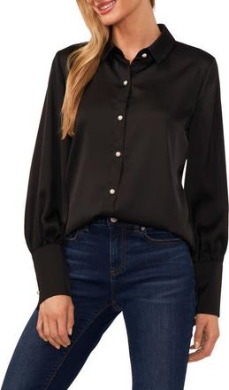 CeCe by Cynthia Steffe Satin Button-Up Shirt in Rich Black at Nordstrom, Size X-Small