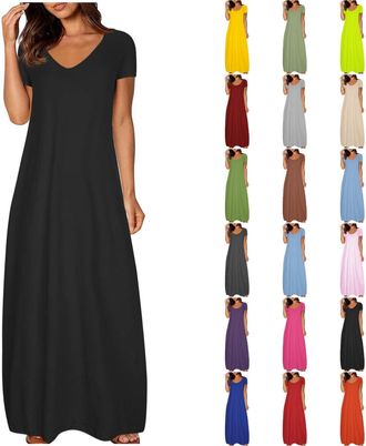 Generic Red Dresses for Women UK Maxi Dresses for Women UK Cotton Linen Short Sleeve Beach Plus Size Dress Black Summer Sun Dress with Pockets Casual Holiday 