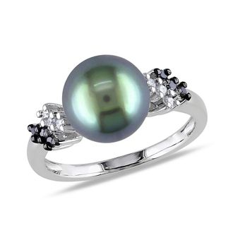 Amour 1/8 CT TW Black and White Diamond and 9 - 9.5 Mm Black Tahitian Pearl Ring In 10K White Gold with Black Rhodium