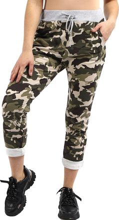 Crazy Girls Womens Plain Italian Floral Trousers, Camo Green, ML (UK 12-14)