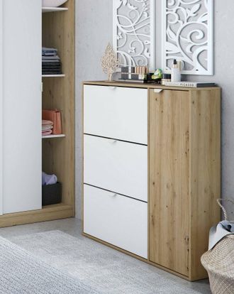Dmora Zapatero Dmodic, Zapatero De Entrada Con 4 Puertas, Zapatero Ahorra Espacio, 105x24h112 Cm, Blanco Y Roble - Dmora