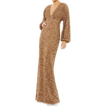 Mac Duggal Sequin V Neck Long Sleeve Evening Gown In Bronze
