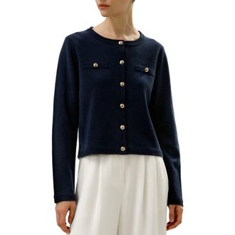 LilySilk Womens Wool Button-Front Sweater Lady Jacket in Navy Blue at Nordstrom, Size X-Small