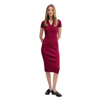 DKNY Logo-tape Ribbed-knit Midi Jurk - Dames - Casual kleedjes - Rood - XS - Katoen - Kleedjes