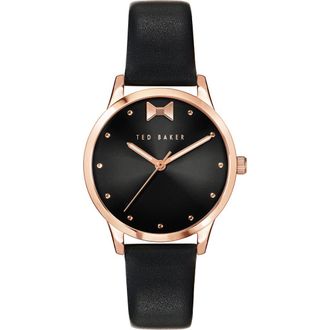 Ted Baker Fitzrovia Bow Leather Strap Watch, 34mm in Black at Nordstrom Rack