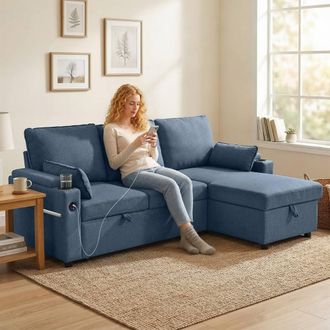 HOMCOM Corner Sofa Bed, L Shaped Sofa with Storage Chaise, USB Ports in Blue | Size: 3 Seater