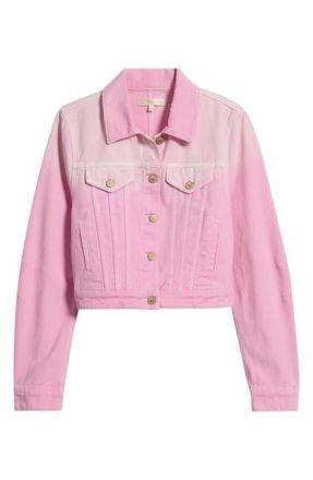 LoveShackFancy Bardot Ombr&eacute; Denim Trucker Jacket in Strawberry Sunrise at Nordstrom, Size Xx-Small