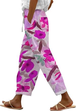 Generic Plus Size Ladies Black Linen Trousers Womens with Pockets Drawstring White Straight Elastic Waist Long Casual Wide Leg Smocked Pants Loose Womens Fash