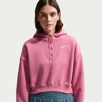 Nike Womens Nike Sportswear Phoenix Fleece Oversized Cropped Henley Hoodie in Pink | IF0258-641