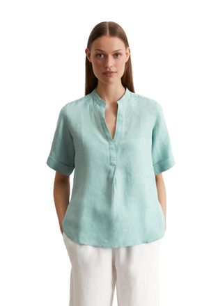Marc O'Polo Kurzarmbluse MARC OPOLO, Damen, Gr. 32, pure teal, Web, Obermaterial: 100% Leinen, regular fit, V-Ausschnitt, Umschlagbund, Blusen Kurzarmbluse, reine