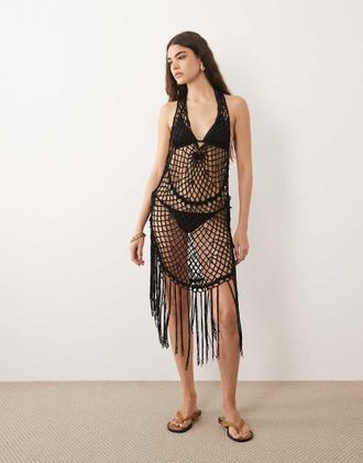 Asos Prendisole corto da mare in macram&egrave; nero