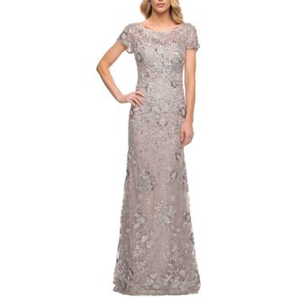 La Femme Glamorous Beaded Lace Column Dress with Short Sleeves in Lavender/gray at Nordstrom, Size 10