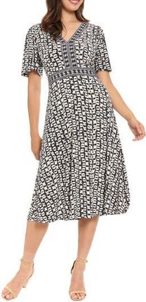 London Times Flutter Sleeve A-Line Midi Dress in Black/Ivory at Nordstrom Rack, Size X-Large