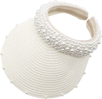 Generic Sun Visors for Women Womens Pearl Headband Hairpin Hat Sunscreen Sunshade Woven Hollow Sunhat Sweat Absorption Sports Visor Elastic with Brim UV Prote