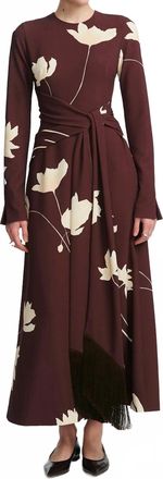 Lela Rose Floral Printed Crepe Long Sleeve Tie Waist Dress In Cocoa/sunlight