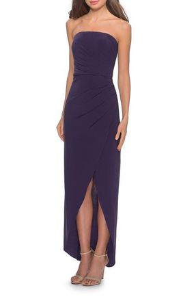 La Femme Long Strapless Jersey Dress with Side Ruching in Dark Purple at Nordstrom, Size 14