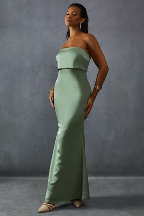 Misspap Womens Premium Satin Bandeau Overlay Bridesmaid Dress - Green - Size 10 UK