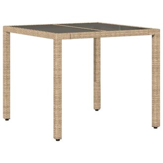 Berkfield Home Garden Table with Glass Top Beige 90x90x75 cm Poly Rattan | Size: 90 x 90 x 75 cm