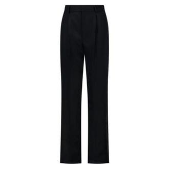 Victoria Beckham Broeken, Dames, Zwart, M, Leer, Geplooide Rechte Broek