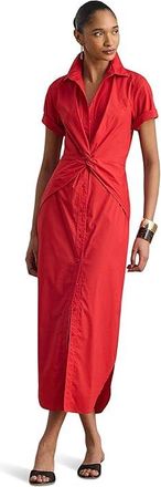Lauren Ralph Lauren Twist-Front Cotton-Blend Shirtdress Womens Dress Cruise Red : 12, Cotton/Elastane/Nylon