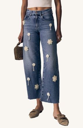 LE JEAN Nomad Flower Appliqu&eacute; High Waist Wide Leg Jeans in Moon Flower at Nordstrom, Size 25