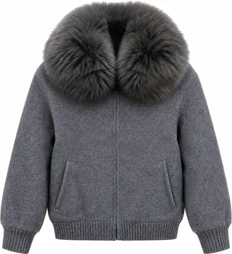 Yves Salomon Wool Bomber Jacket with Fox Fur Collar and Ribbed Details