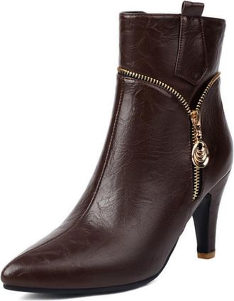 Generic Womens Vintage Ankle Boots with Pointed Toe & 8.5CM Stiletto Heel, Decorative Zipper Detail for Fall and Winter,Brown,6.5 UK