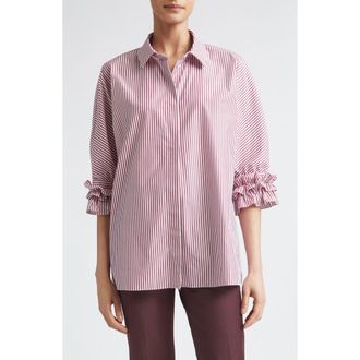Max Mara Nebbie Stripe Ruffle Elbow Sleeve Button-Up Shirt in Bordeaux at Nordstrom, Size 8