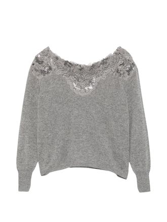 Ermanno Scervino Grey Sequin Lace Trim Cashmere Off-the-Shoulder Top