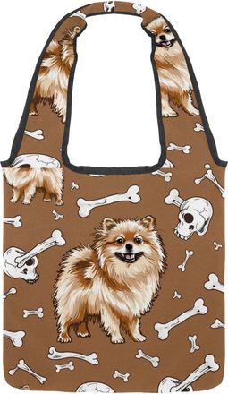 Generic Dog Pomeranian and Bones Reversible Canvas Shoulder Tote - Double-Sided Print, 12oz Cotton, 27cm Drop, Fold-Flat Bag for Travel, Shopping, Street Outi