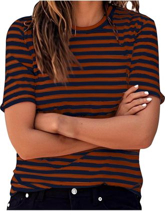 Generic Ladies Striped Tops 2025 Spring Short Sleeve Crewneck Shirts UK Fashion Lightweight Pullover Blouse Dressy Casual Loose Fit Tee Shirts