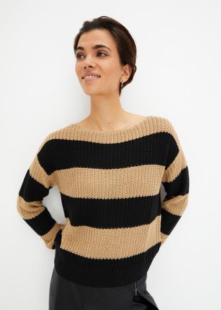 Bonprix Strickpullover BONPRIX, Damen, Gr. 32/34 (XS), beige (new beige, schwarz gestreift), Obermaterial: 50% Baumwolle, 50% Polyacryl, oversize, Pullover St