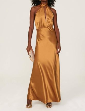 Something Navy Silky Halter Cutout Gown In Burnt Orange