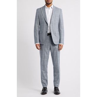 BOSS Huge Slim Fit Grey Glen Check Wool Suit in Open Blue at Nordstrom, Size 36 Regular