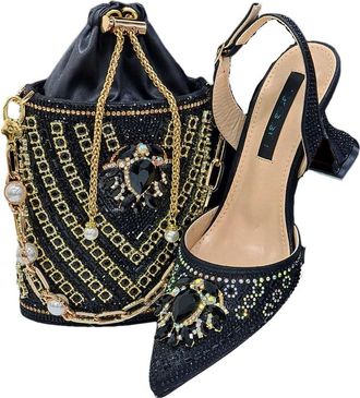Generic Womens Stiletto High Heel Shoes and Gold Chain Handbag Set Sparkly Rhinestone Big Crystal Decoration