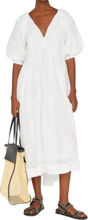Frame Denim V-Neck Puff Sleeve Dress In Blanc