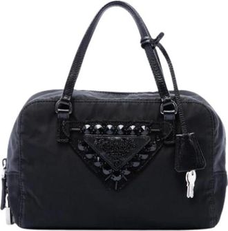 Prada Pre-owned Handbags, female, Black, Size: ONE SIZE Pre-owned Beaded Crystal Embellished Nylon Handbag