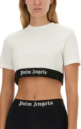 Palm Angels Logo-Embroidered Cropped T-Shirt - White