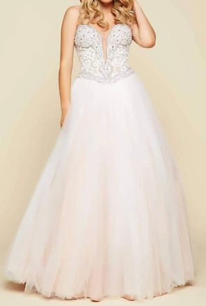 Mac Duggal Embellished Strapless Long Gown In Ivory Nude