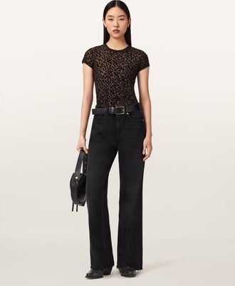AllSaints Polyester Ellie Mesh Leopard Print T-Shirt, Size: UK 14/US 10