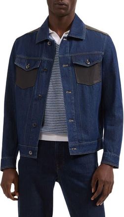 Bugatchi Leather Trim Denim Trucker Jacket in Navy at Nordstrom, Size Xx-Large