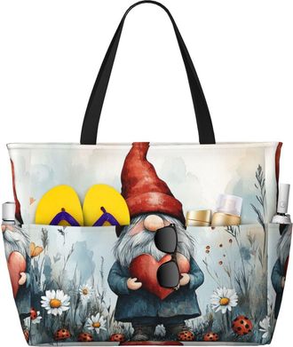 Generic Valentines Gnomes Print Large Beach Bag Foldable Travel Shoulder Tote Bag With Pocket For Weekender Pool Vacation
