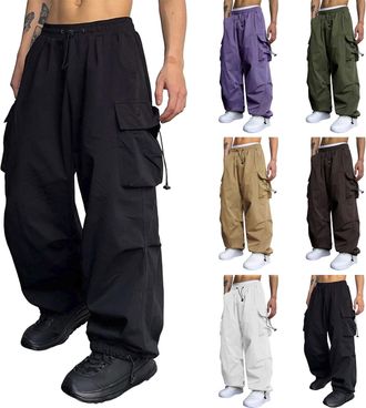 Generic Mens Cargo Trousers Baggy Sweatpants Elasticated Waist Drawstring Work Casual Parachute Pants Joggers Hip Hop Hiking Trousers with Pockets